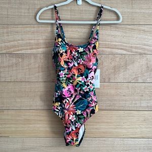NWT Hurley Floral Print One-Piece Cutout Swimsuit Black Pink Yellow Medium